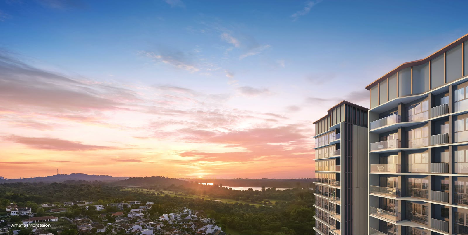 Artist's impression of Thomson Reserve at sunset, overlooking MacRitchie Reservoir